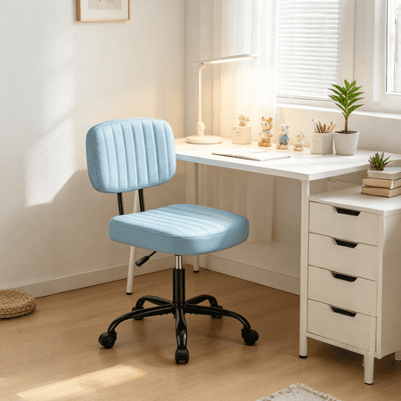 Armless Vanity Chair for Makeup Room, Small Desk Chair with Tufted PU Leather, Adjustable Height Rolling Computer Chair for Home Office & Dorm, Light Blue