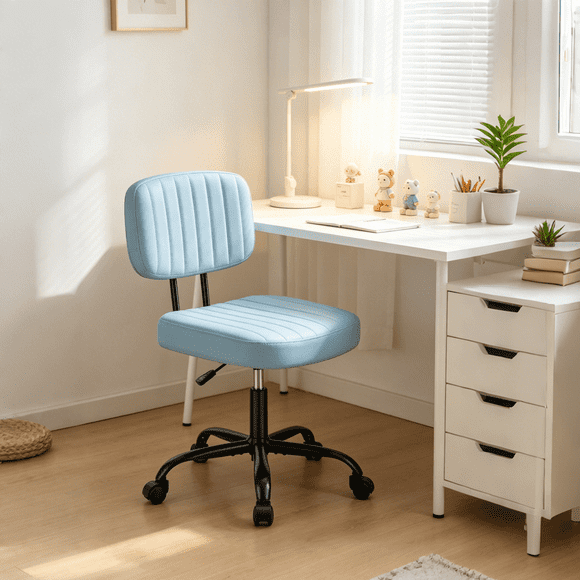 Armless Vanity Chair for Makeup Room, Small Desk Chair with Tufted PU Leather, Adjustable Height Rolling Computer Chair for Home Office & Dorm, Light Blue