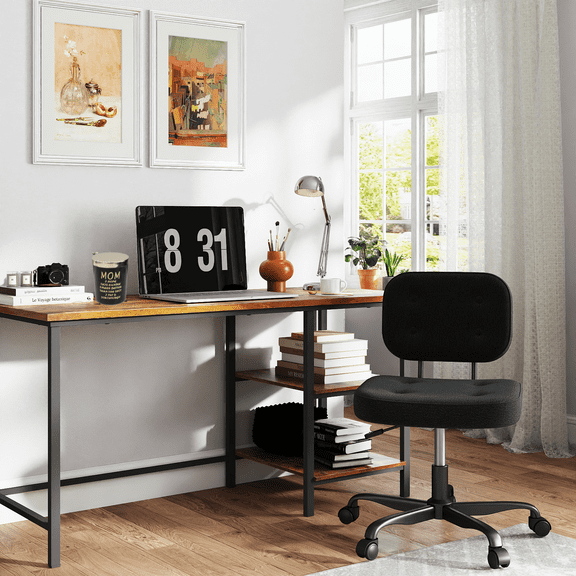 Armless Vanity Chair,Widen Seat Swivel Task Chair Teddy Fleece Computer Desk Chair