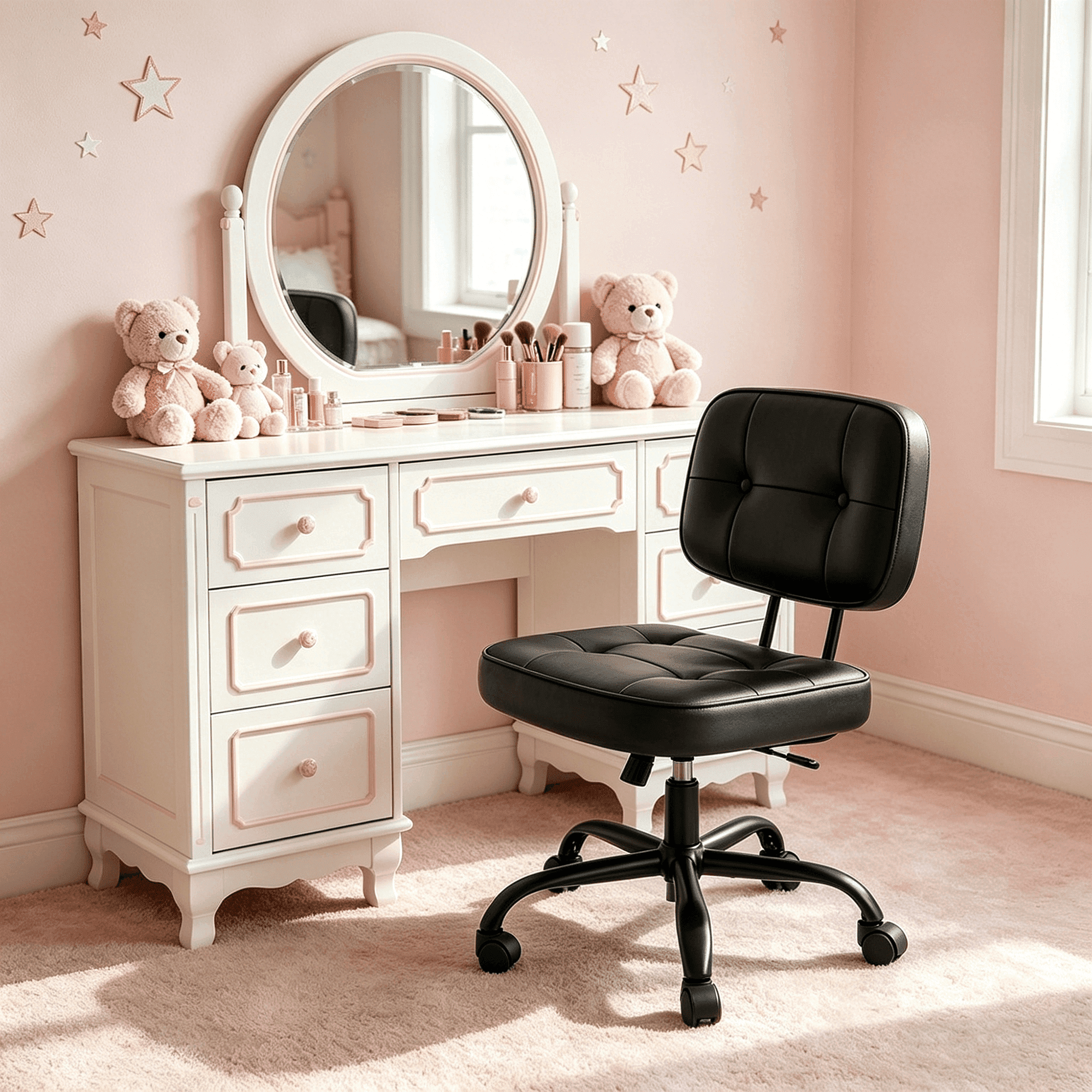 Armless Vanity Chair for Makeup Room, Small Desk Chair with Tufted PU Leather, Adjustable Height Rolling Computer Chair for Home Office & Dorm, Black