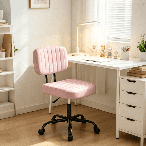 Armless Vanity Chair for Makeup Room, Small Desk Chair with Tufted PU Leather, Adjustable Height Rolling Computer Chair for Home Office & Dorm, Pink