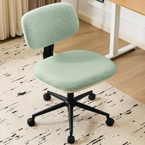 Armless Wide Office Desk Chair, Comfy Cute Vanity Chair No Arms with Wheels Lumbar Support, Adjustable Height Swivel Rolling for Home Office Bedroom Study Small Spaces, Sherpa Mint-Green/PU Beige