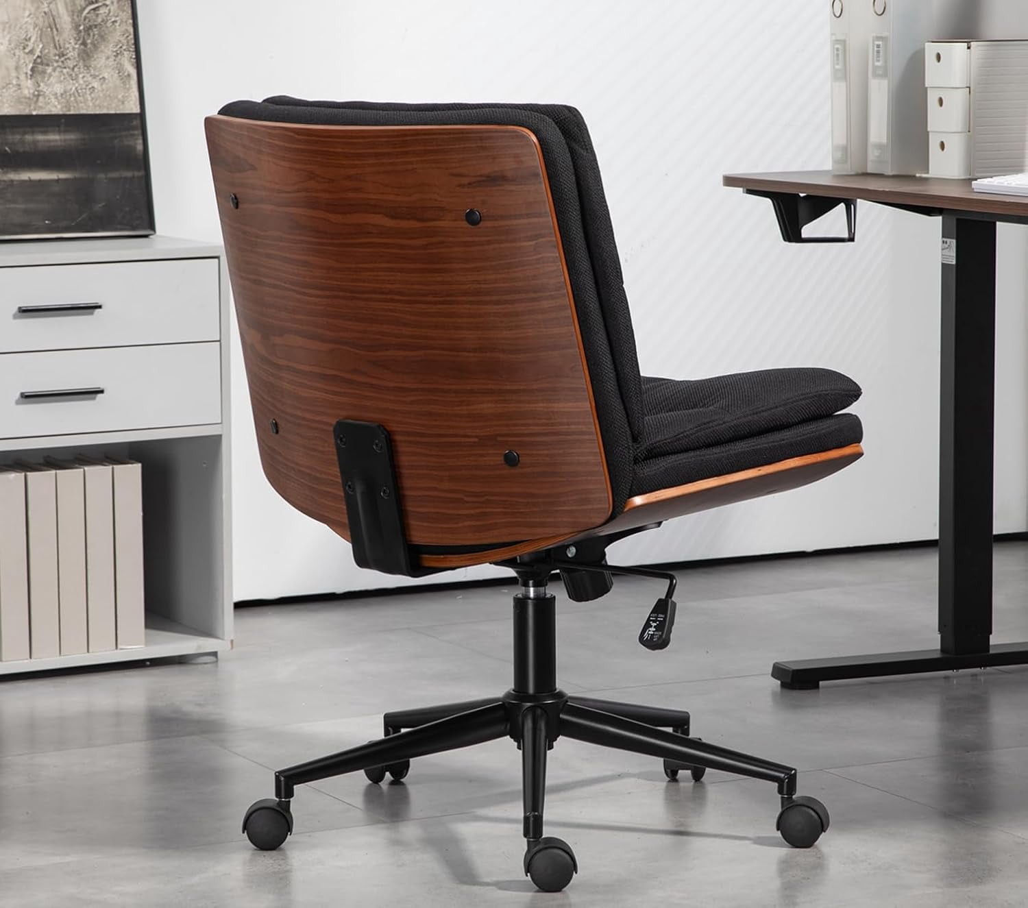Armless Wide Office Desk Chair with Wheels, Modern Fabric Vanity Chair ...