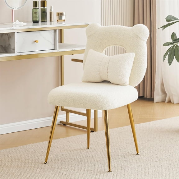 Armless cushioned makeup chair, cute lambswool decorative chair (ivory white)