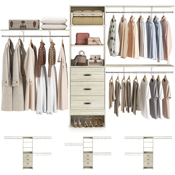 Armocity 120'' Large Walk-in Closet System with Drawers, Heavy Duty Closet Organizer System with Hanging Rods and Shelves for Wardrobe Storage, White Oak