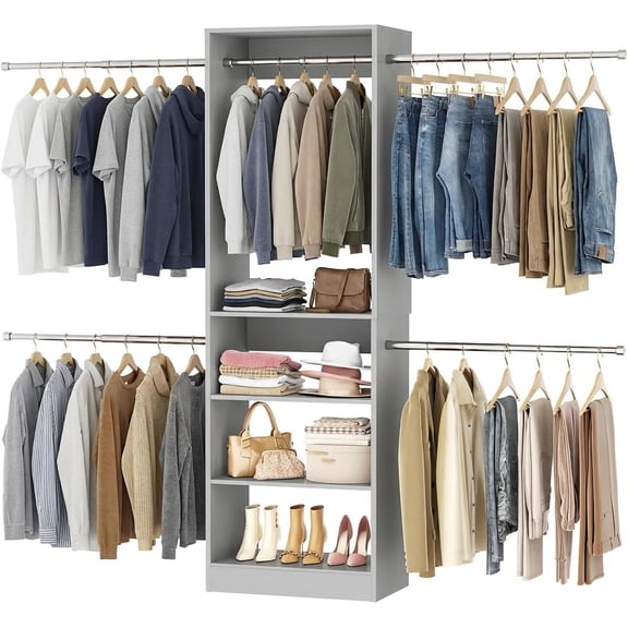Armocity 20.5'' - 120'' Adjustable Closet System with 5 Hanging Rods, Wooden Closet Organizer System with Storage Shelves for Walk-in Wardrobe, Bedroom, Gray