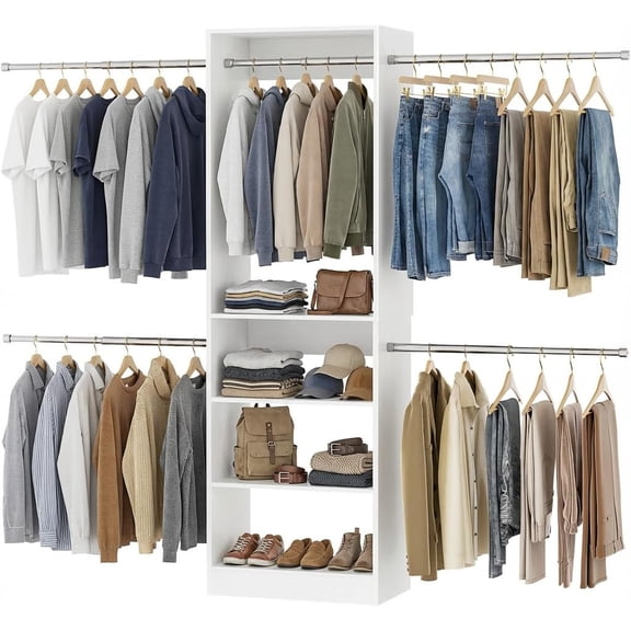 Armocity 20.5'' - 120'' Adjustable Closet System with 5 Hanging Rods, Wooden Closet Organizer System with Storage Shelves for Walk-in Wardrobe, Bedroom, White