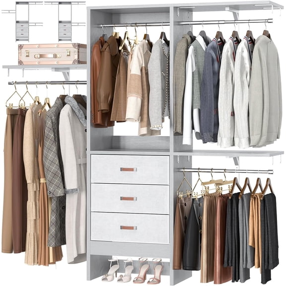 Armocity 5FT Small Closet System with 3 Fabric Drawers, 60 Inches Walk In Closet Organizer System With 3 Adjustable Shelves, Heavy Duty Clothes Rack Built-In Garment Rack, 59" L x 16" W x 71" H, Grey