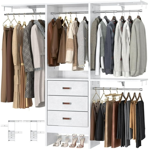 Armocity 5FT Small Closet System with 3 Fabric Drawers, 60 Inches Walk In Closet Organizer System With 3 Adjustable Shelves, Heavy Duty Clothes Rack Built-In Garment Rack, 59" L x 16" W x 71" H, Grey