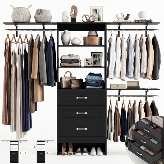 Armocity 8FT Closet System with 3 Wooden Drawers, 20''-96'' Width Closet Organizer with 3 Hanging Rods and Shelving Towers(Cut to Fit), Black