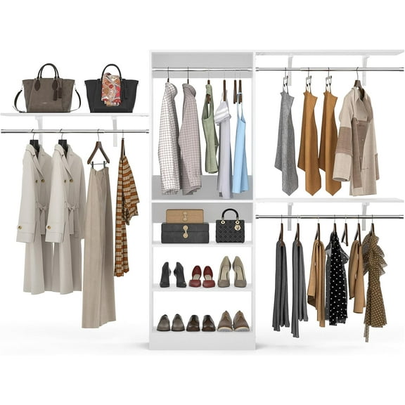 Armocity 96'' Closet System, 8FT Walk In Closet Organizer with 3 Shelving Towers, Heavy Duty Bedroom Wardrobe with 5 Shelves, Wall Mounted Clothes Rack (Can Be Cut To Fit), 96"L x 16"W x 75"H, White