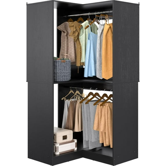 Armocity Corner Closet System, 32 Inches Wide Wood Corner Unit with 2 Hanging Rods and All Hardware Kits, 3-Tier 80'' Height Corner Wood Closet Tower, Black