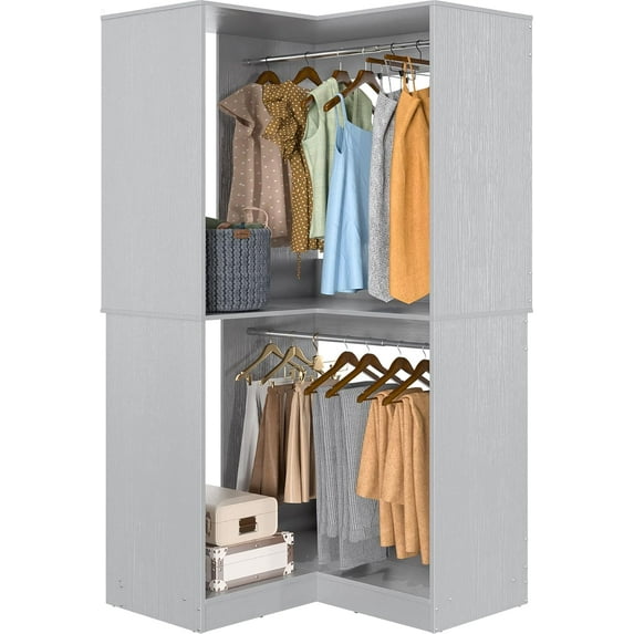Armocity Corner Closet System, 32 Inches Wide Wood Corner Unit with 2 Hanging Rods and All Hardware Kits, 3-Tier 80'' Height Corner Wood Closet Tower, Grey