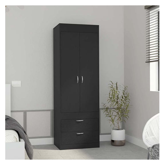 Armoire 70"H, Double Doors, 2 Drawers, Hanging Rod, Black