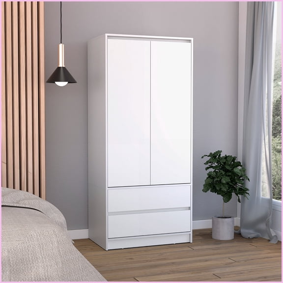Armoire, Double Door with 2 Drawers & Hanging Rod - White | Particle Board
