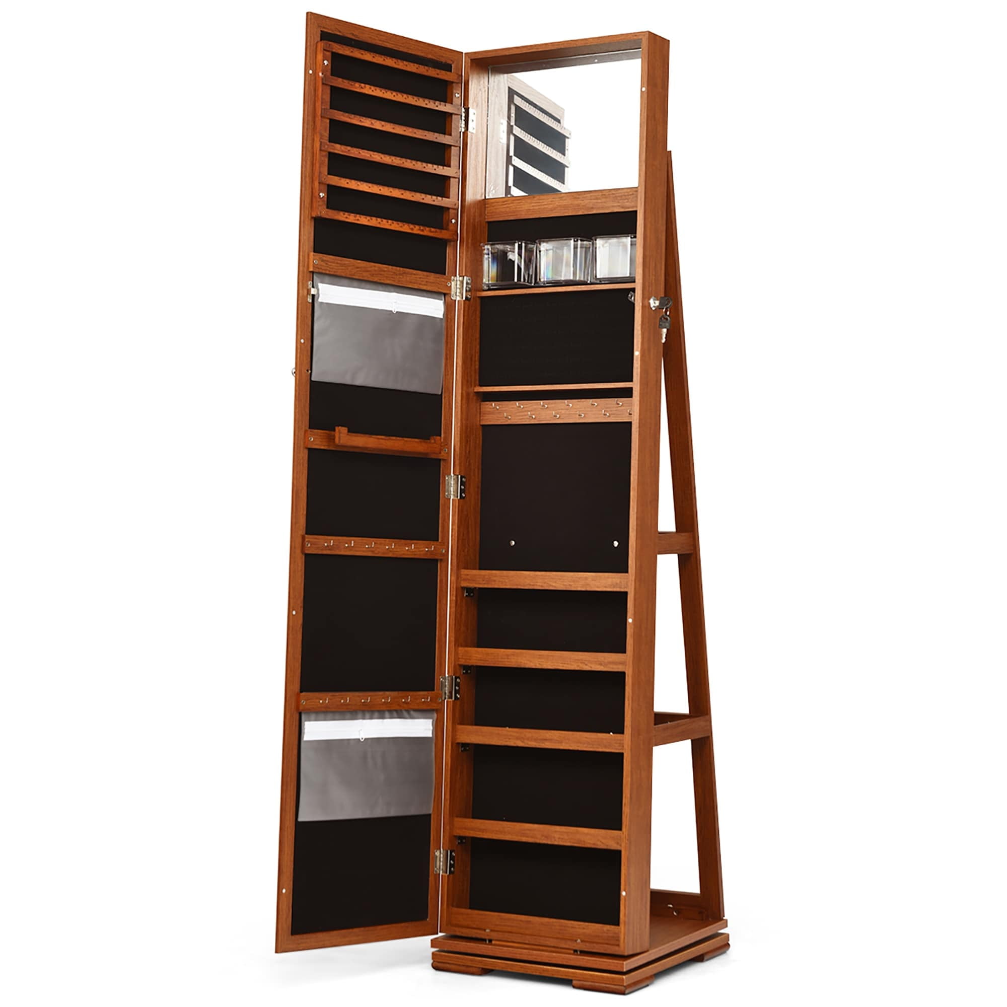 Brown MDF Standing Jewelry Cabinet with Mirror and Storage