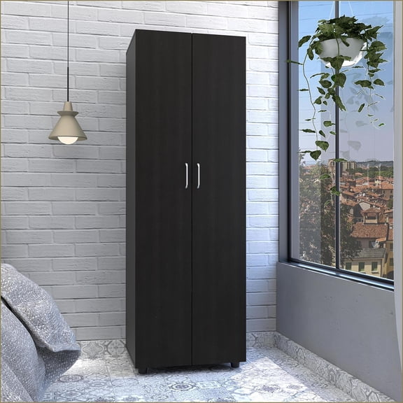 Armoire Organizer with Shelves, Rod & Double Doors | 70.8"H | Black | Particle Board