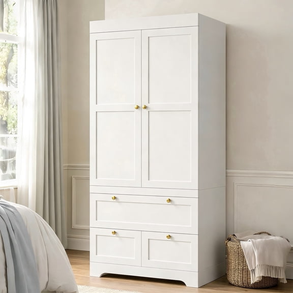Armoire Wardrobe Closet With 2 Doors And 3 Drawers, 71" White Wardrobe Cabinet With Hanging Rod, Wooden Clothing Storage Cabinet With Gold Knobs For Bedroom, Apartment, Dorm