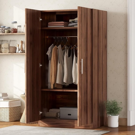 Armoire Wardrobe Closet with 2 Doors, 67.3" H Armoire with Shelves, Wooden Wardrobe Closet for Hanging Clothes, Bedroom Armoires Storage Cabinet with Hanging Rod, Brown