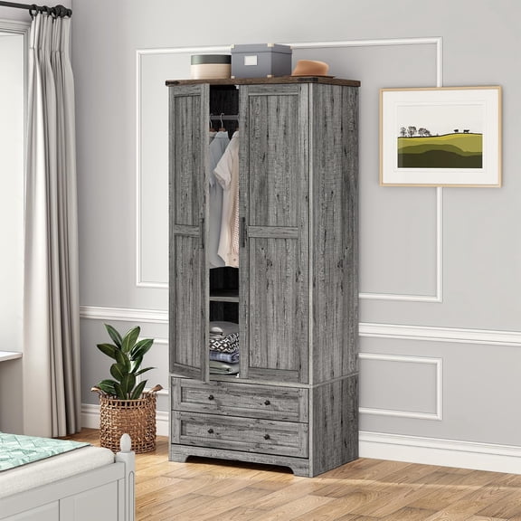 Armoire Wardrobe Closet with 2 Modern Doors, 71" Tall Freestanding Closet Wardrobe Cabinet with Drawers and Hanging Rail, Light Wooden Storage Cabinet with Shelve for Bedroom (Grey, 2 Doors)