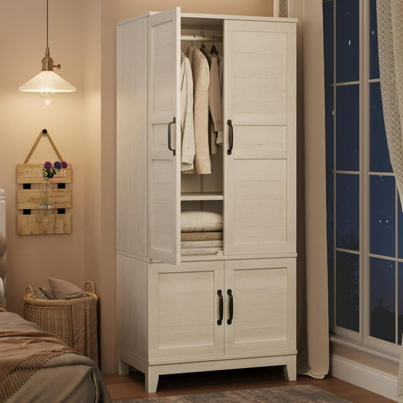 Armoire Wardrobe Closet with 4 Doors,72" Wooden Wardrobe Cabinet with Hanging Rod, Freestanding Tall Clothing Armoire Cabinet with 18 Adjustable Shelves for Bedroom, Clothes