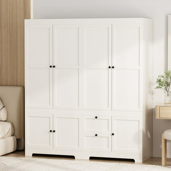 Armoire Wardrobe Closet, 71"H Modular Wooden Clothes Wardrobe Storage Cabinet with Hanging Rods, White