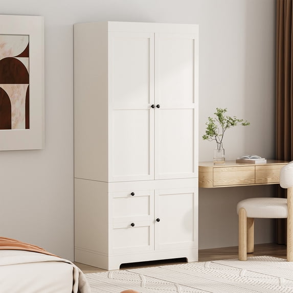 Armoire Wardrobe Closet, 71"H Modular Wooden Clothes Wardrobe Storage Cabinet with Hanging Rods, White
