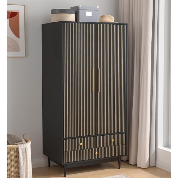 Armoire Wardrobe Closet with Drawers and 2 Fluted Doors 64.96 in Farmhouse Closet Wardrobe Cabinet with Hanging Rod Freestanding Wooden Bedroom Armoire Storage Cabinet with Shelf (1, Black)