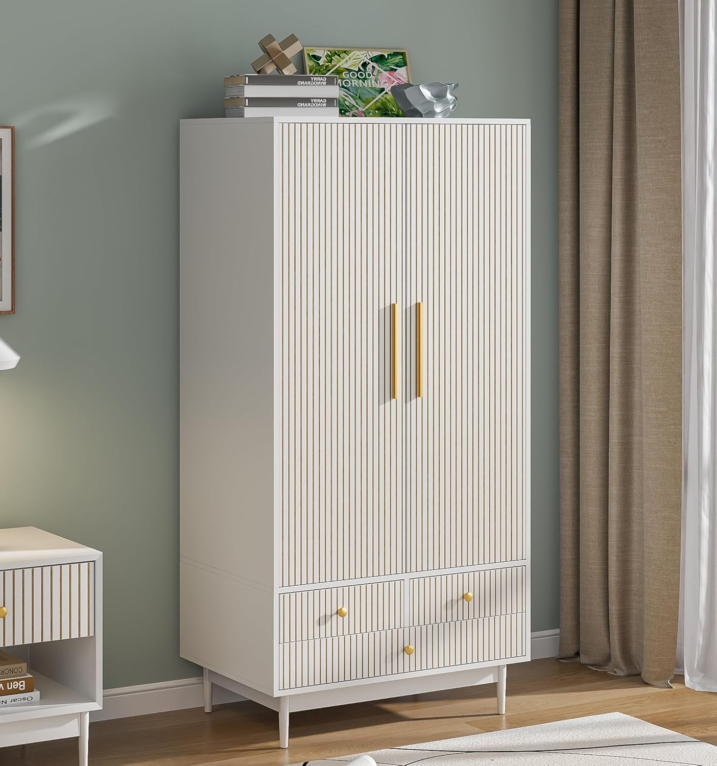Armoire Wardrobe Closet with Drawers and 2 Fluted Doors 64.96 in Tall ...