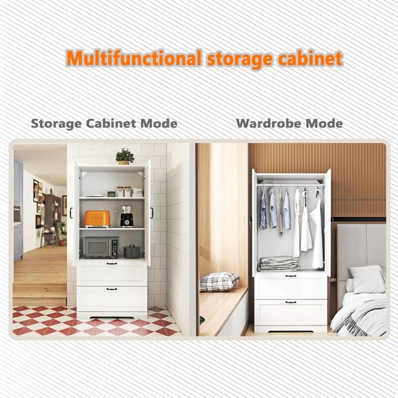 Armoire Wardrobe Closet or Kitchen Pantry Cabinet with 2 Drawers , 63" Clothing Storage Cabinet with Hanging Rod Or 3-Tier Storage Cabinet with Adjustable Shelf, for Kitchen, Living Room, Bedroom