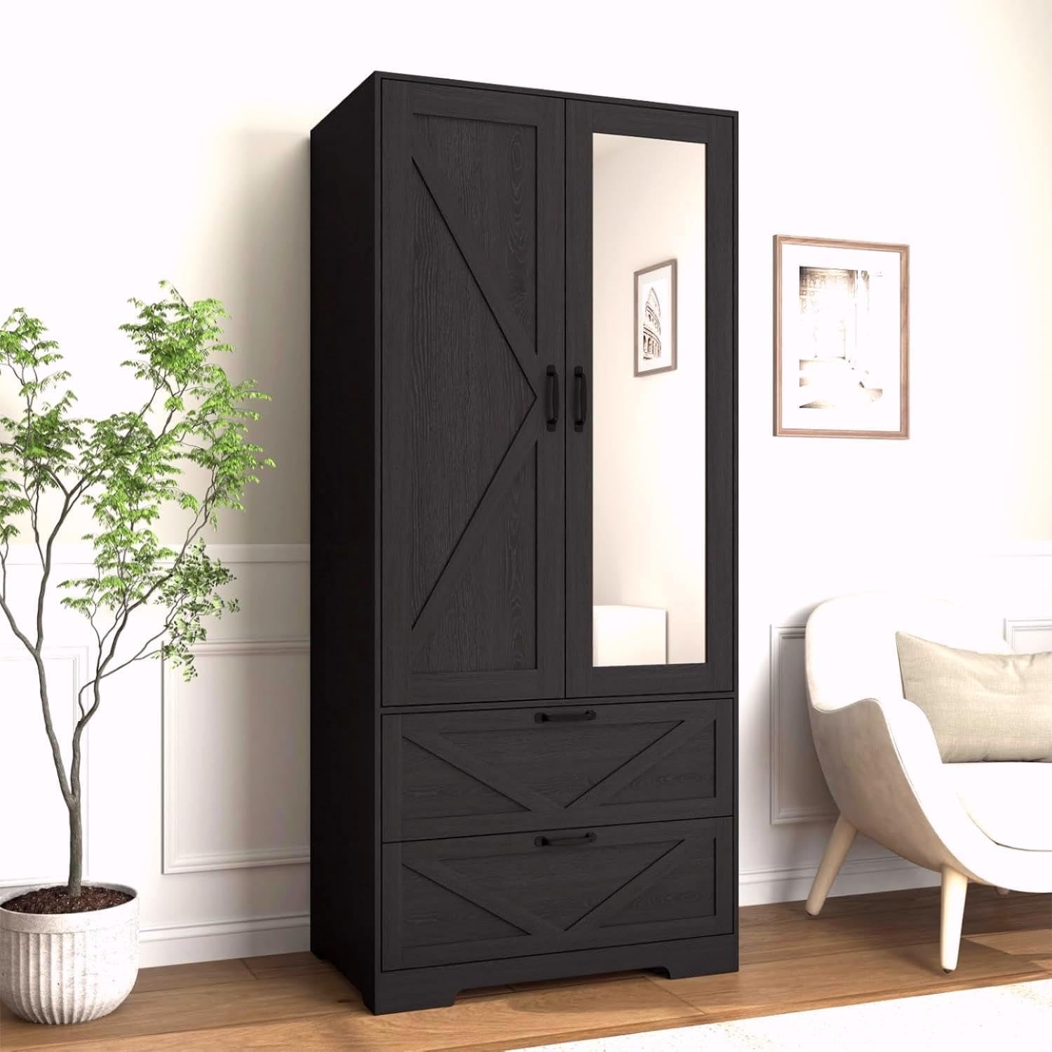 Armoire Wardrobe Closet with Mirror and 2 Drawers, 72'' Bedroom Armoire ...