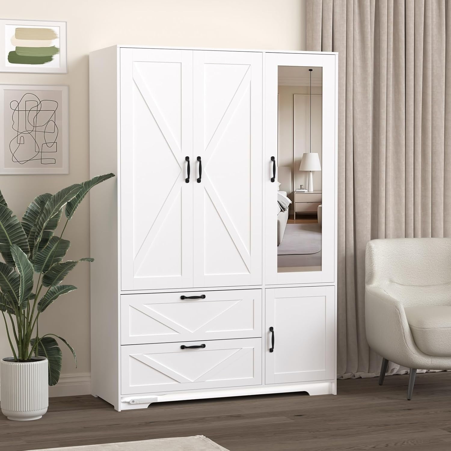 Armoire Wardrobe Closet with Mirror and 2 Drawers, 72'' Bedroom Armoire ...