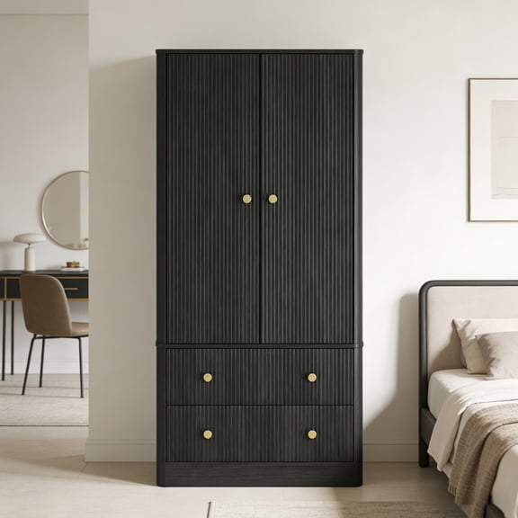 Armoire Wardrobe Closet, Modern Wooden Bedroom Armoire with 2 Drawers & 2 Doors, Clothing Storage Cabinet with Aluminum Hanging Rod, Locker