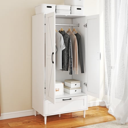 Armoire Wardrobe Closet With 2 Doors, Hanging Rod and Drawer - Freestanding Wooden Wardrobe for Bedroom, 27.5"X18.1"X59.4"
