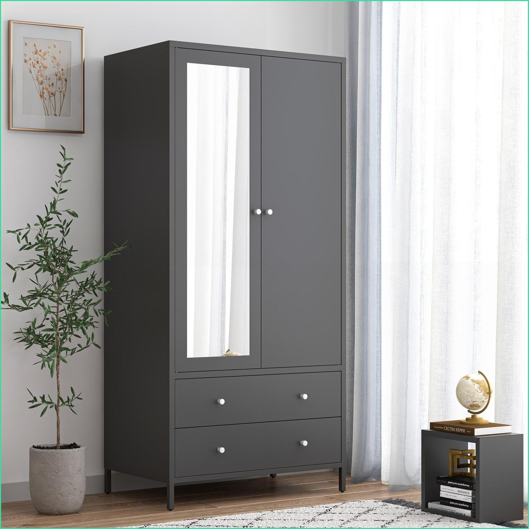 Armoire Wardrobe Closet with 2 Drawers, Mirror Door & Hanging Rod ...