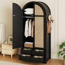 Armoire Wardrobe Closet with Drawers, Wood Bedroom Armoires and Wardrobes with Rattan Doors for Hanging Clothes, Arched Clothing Cabinet,Black