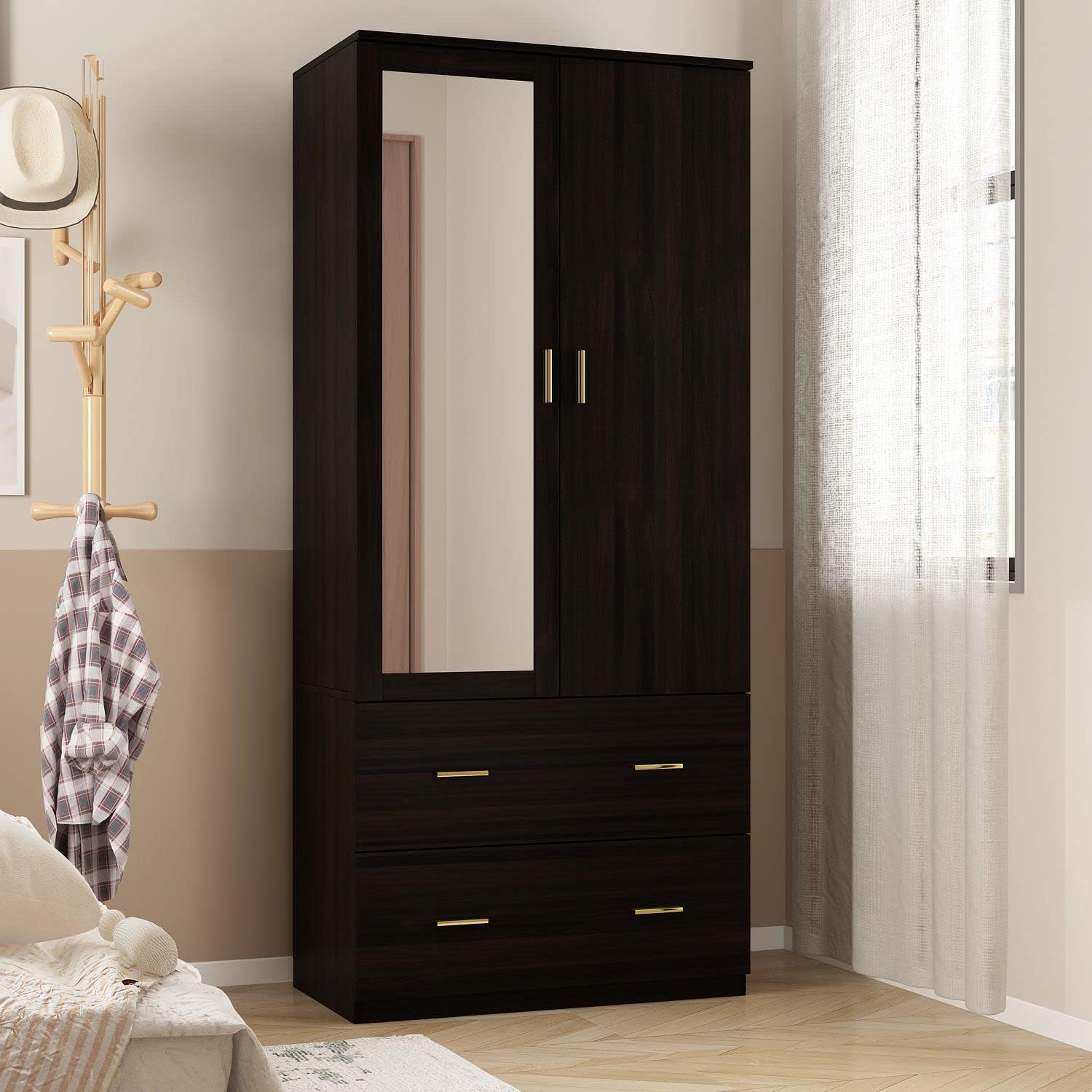 Armoire Wardrobe with Mirror & 2 Drawers, Armoires and Wardrobes 2Door