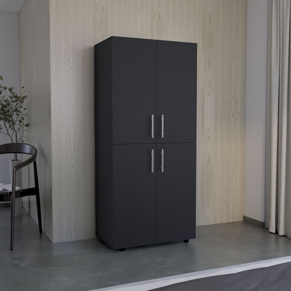 Armoire Wardrove 70" H, Double Doors, 6 Shelves, 2 Hanging Rods, Black