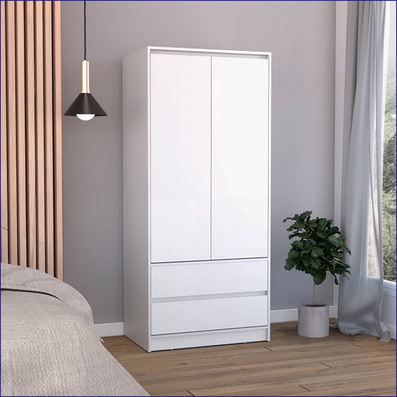 Armoire with 2 Drawers, Double Door & Hanging Rod | White | Particle Board