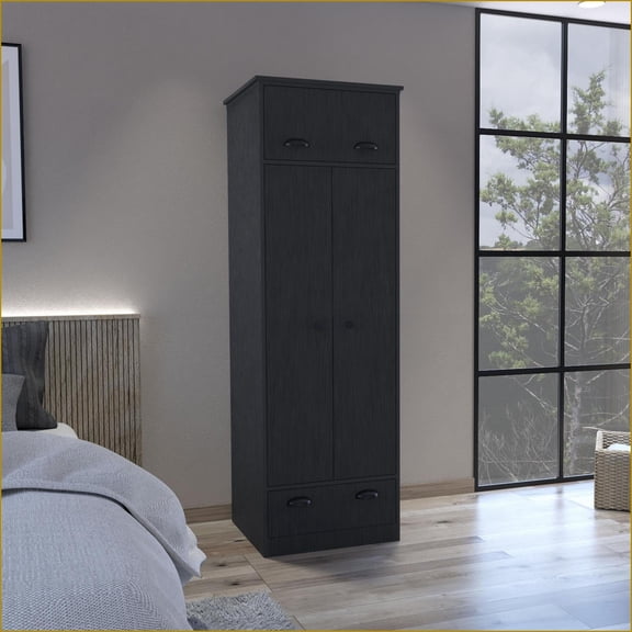 Armoire with Double Doors & 2 Drawers (1 Hinged, 1 Pull-Out), Black Particle Board Wardrobe with Hanging Rod | Black | Particle Board