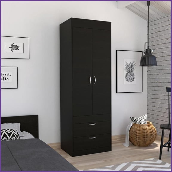 Armoire with Double Doors, Two Drawers & Hanging Rod | Black | Engineered Wood