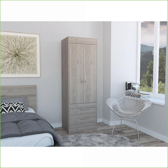 Armoires 2-Door with Hanging Rod & Drawers, Light Gray | Particle Board