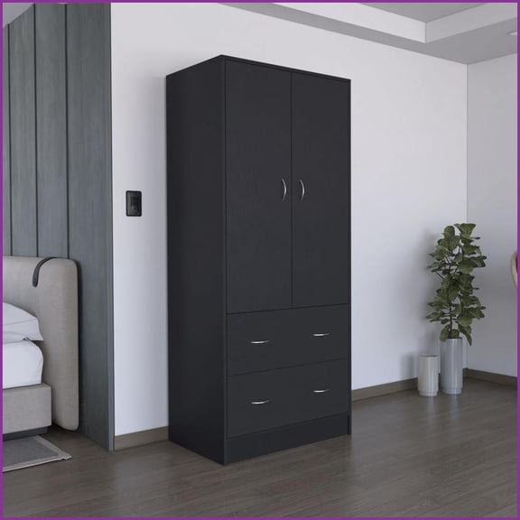 Armoires 71"H with 2 Doors, 2 Drawers & Hanging Rod | Black | Particle Board