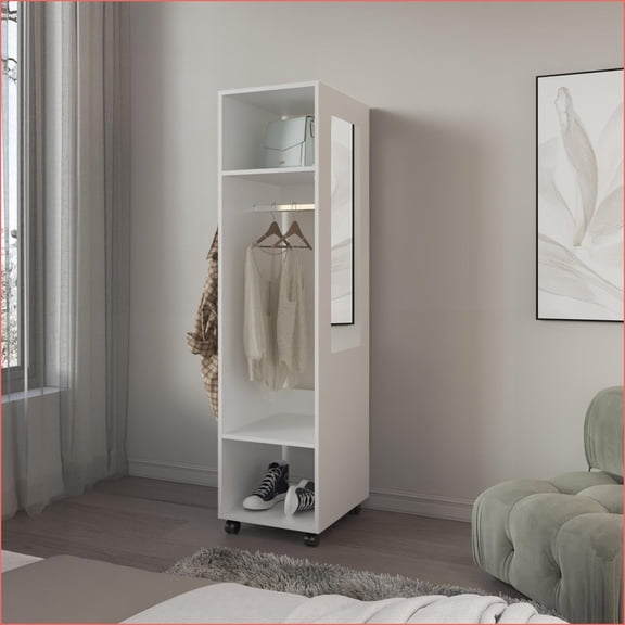 Armoires, Modern 63"H Engineered Wood with 3 Shelves, Mirror, 4 Wheels | White | Engineered Wood