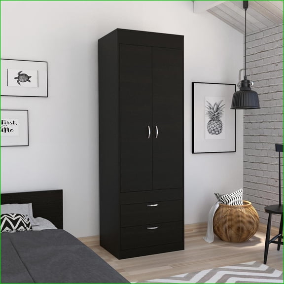 Armoires Modern with Double Doors, Two Drawers & Hanging Rod | Black | Engineered Wood