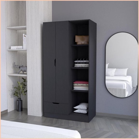 Armoires, Redmond Armoire with Single Drawer, 4 Shelves & Hanging Rod | Black | Particle Board