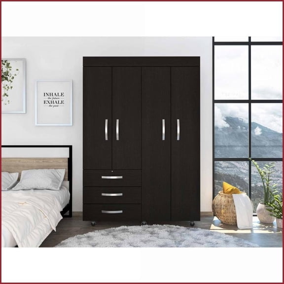 Armoires & Wardrobes, 3-Drawer Rolling Storage Unit with Hanging Rods, Black Wengue | Wenge | Particle Board