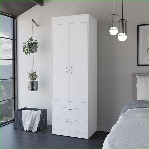 Armoires & Wardrobes, Double Door with Hanging Rod, Two Drawers, White | Particle Board