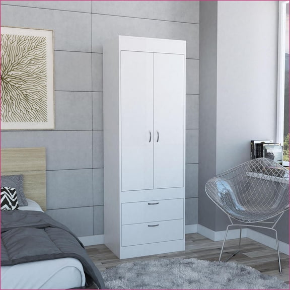 Armoires | White Double Door Wardrobe with 2 Drawers & Hanging Rod | Particle Board