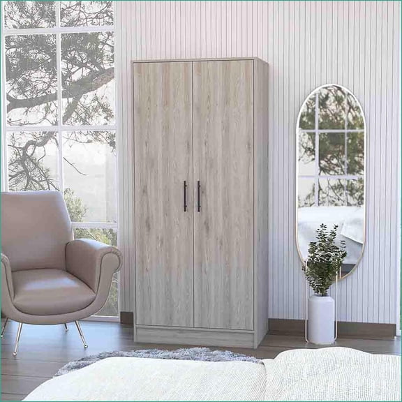 Armoires with Storage, Rio Double Door Wardrobe | 71 High, Hanging Rod | Light Gray Particle Board
